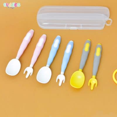 Child-friendly silicone spoon and fork set in vibrant colors, designed with ergonomic handles for easy grip by little hands, safe and gentle for babies and toddlers