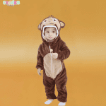 Cute monkey onesie for babies with playful design, featuring a monkey face on the hood and a tail on the back, cozy and fun for dress-up or playtime.