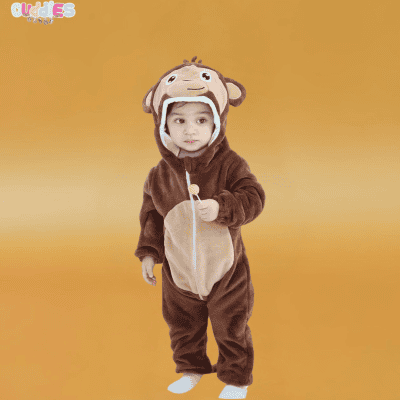 Cute monkey onesie for babies with playful design, featuring a monkey face on the hood and a tail on the back, cozy and fun for dress-up or playtime.