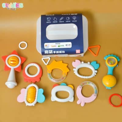 Colorful 8-piece baby gum set made of safe, non-toxic plastic, featuring a variety of textures and shapes for teething relief and sensory development.