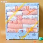 Newborn Gift Box Set featuring 18 essential baby items including clothing, blankets, a plush toy, and more, beautifully packaged, perfect for welcoming a new baby