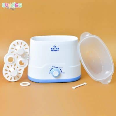 Compact baby feeder sterilizer and bottle warmer unit, designed for efficient sterilization and quick warming, suitable for busy parents' convenience.