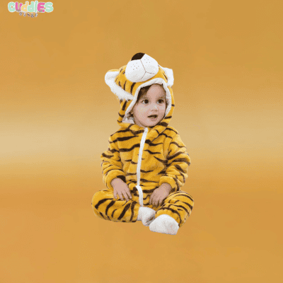 Baby tiger onesie with vibrant orange and black stripes, playful tail, and a hood featuring tiger ears and a soft snout, designed for comfort and adorable jungle adventures.