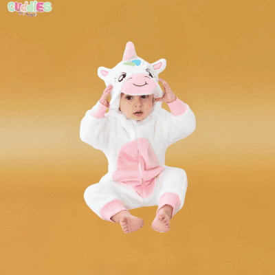Adorable baby unicorn onesie featuring a colorful mane, sparkling horn, and a fluffy tail, designed for comfort and magical moments.