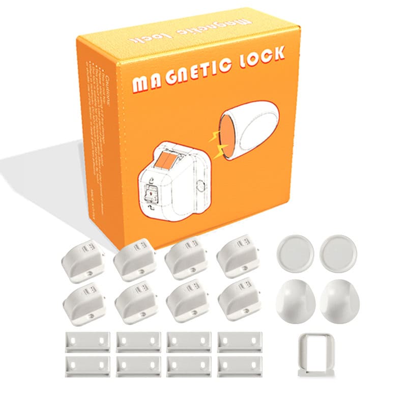 Magnetic lock kit for childproofing, including invisible locks and a magnetic key, designed for secure, damage-free installation inside cabinets and drawers.