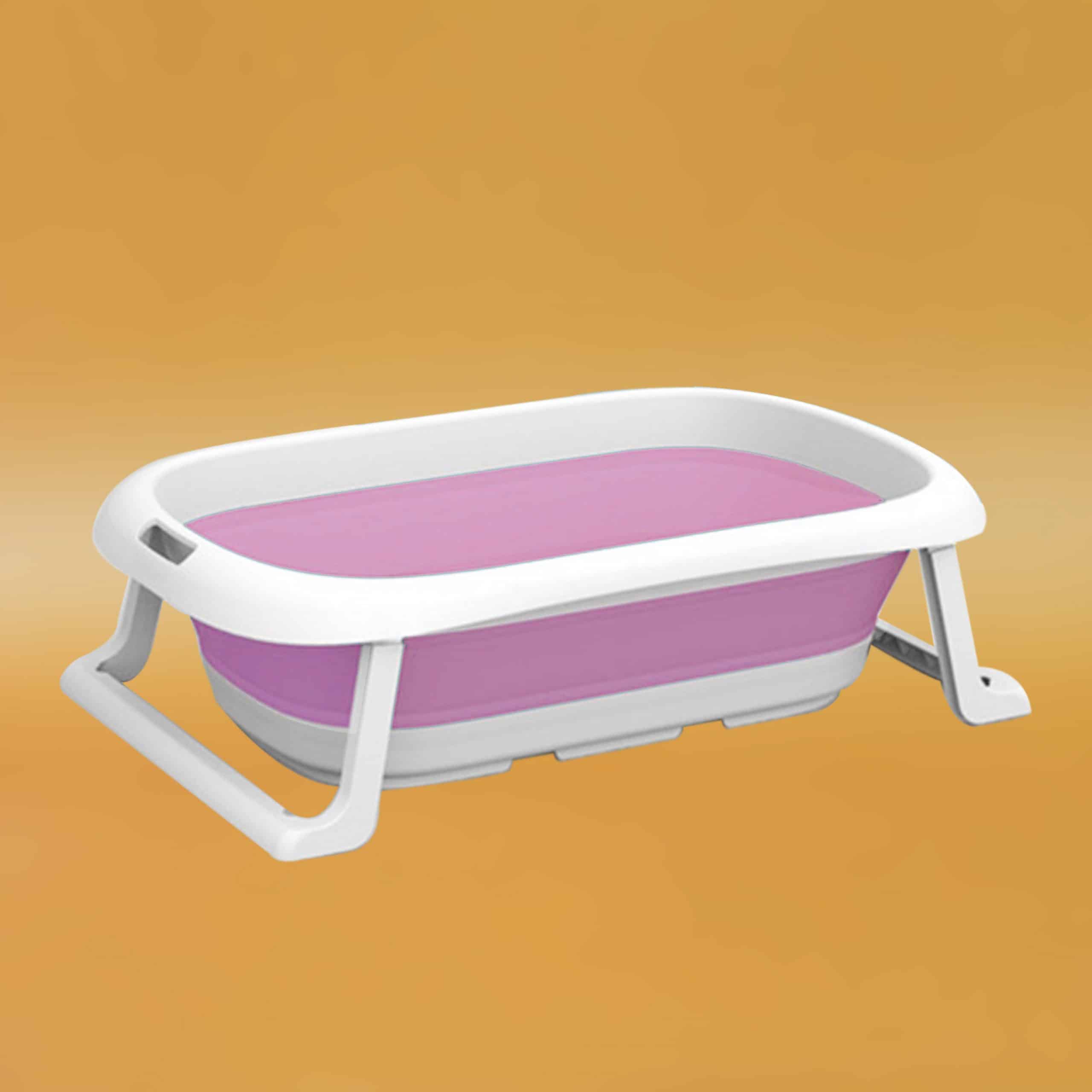 Foldable baby silicone bath tub in a bright color, featuring a non-slip surface and flexible walls for safe, comfortable, and space-saving infant baths.