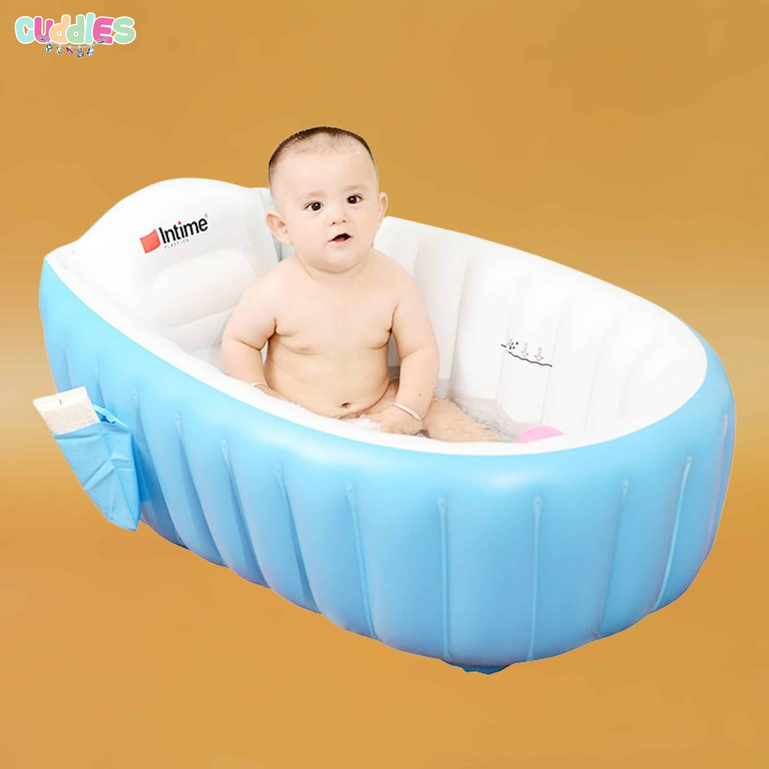 Inflatable bath tub designed for babies, featuring soft, durable walls for safety and comfort, with a visible drain plug and suction cup for easy drying.