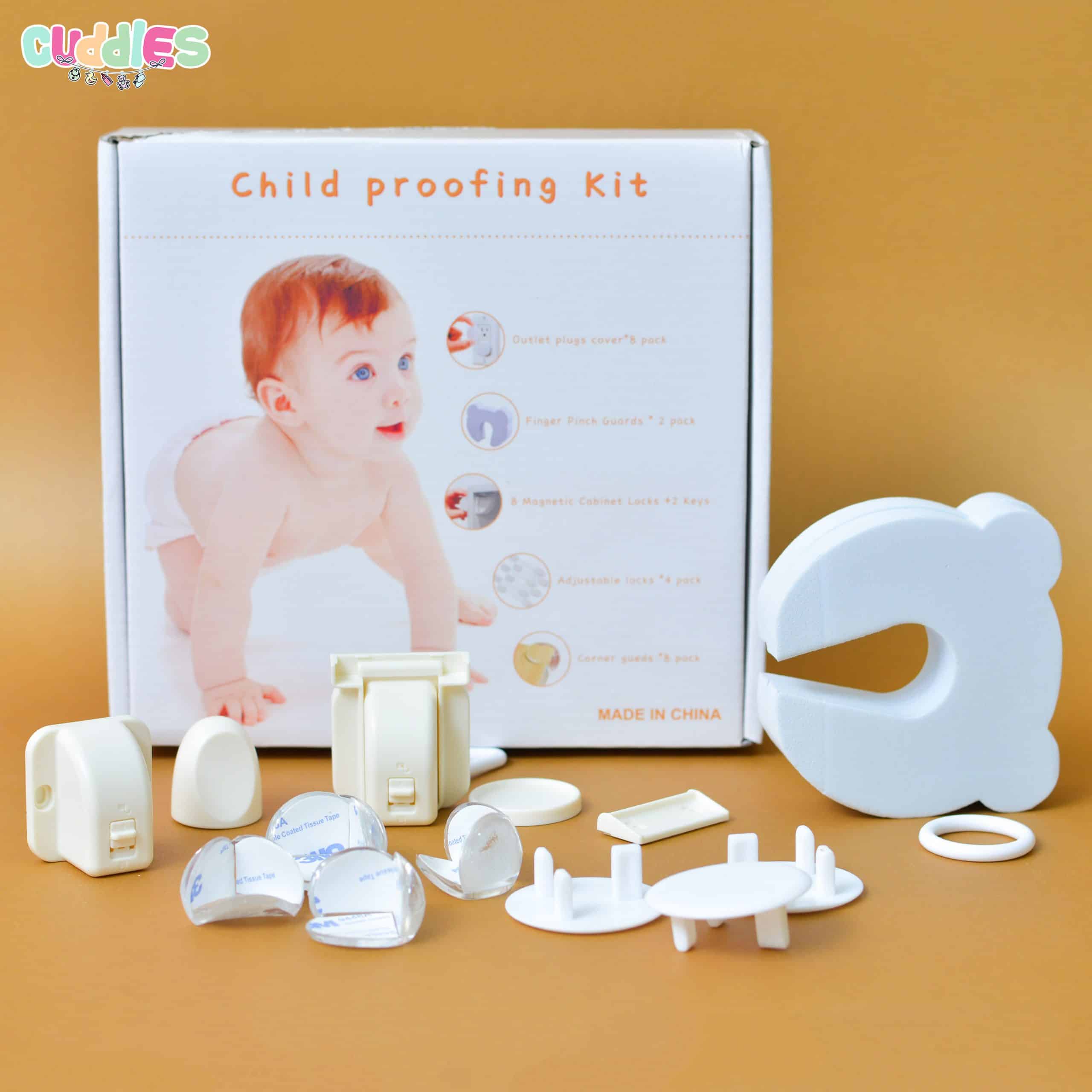 Comprehensive child proofing kit with socket locks, a drawer lock, and corner protectors, designed for easy installation and to blend seamlessly into home decor while ensuring child safety.