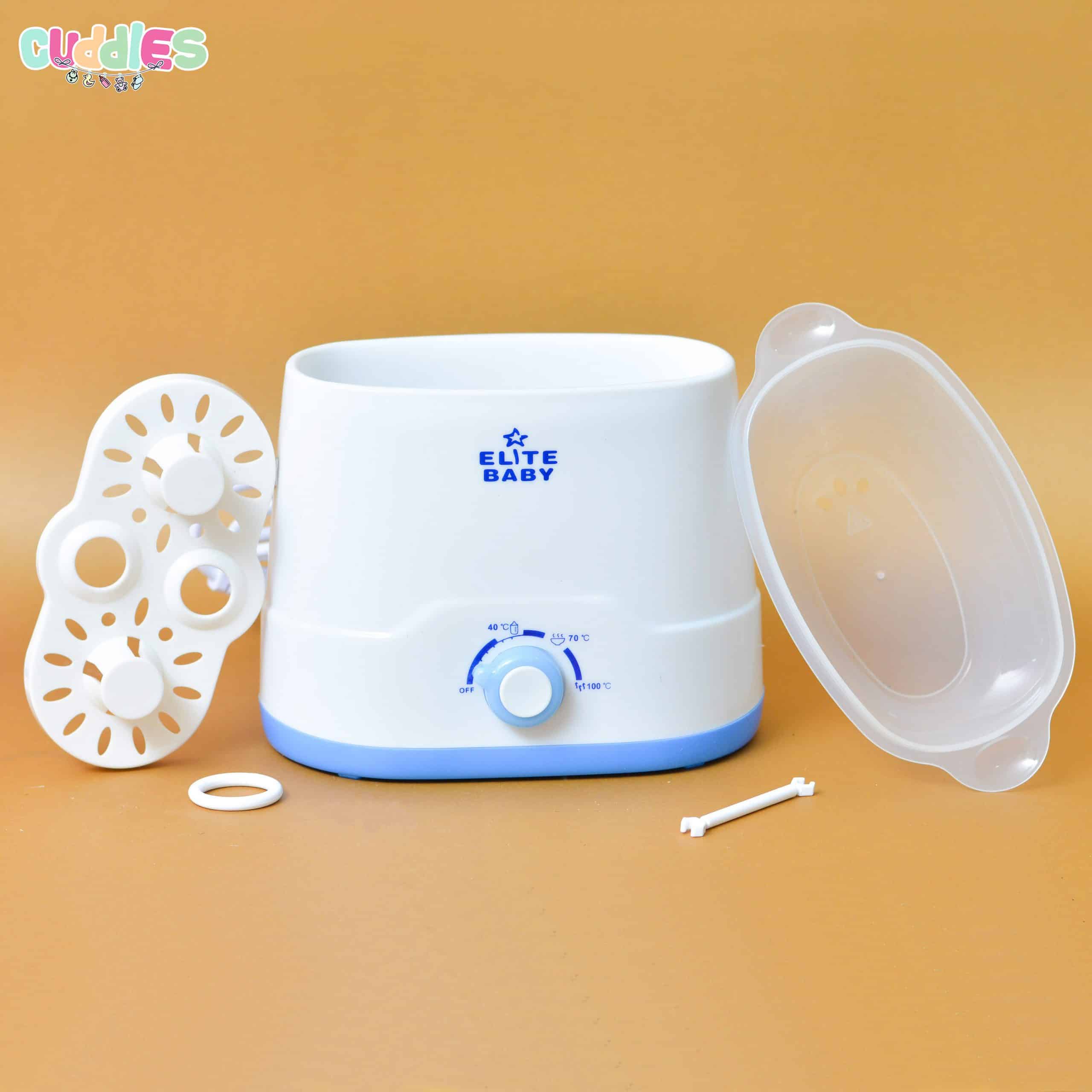 Compact baby feeder sterilizer and bottle warmer unit, designed for efficient sterilization and quick warming, suitable for busy parents' convenience.